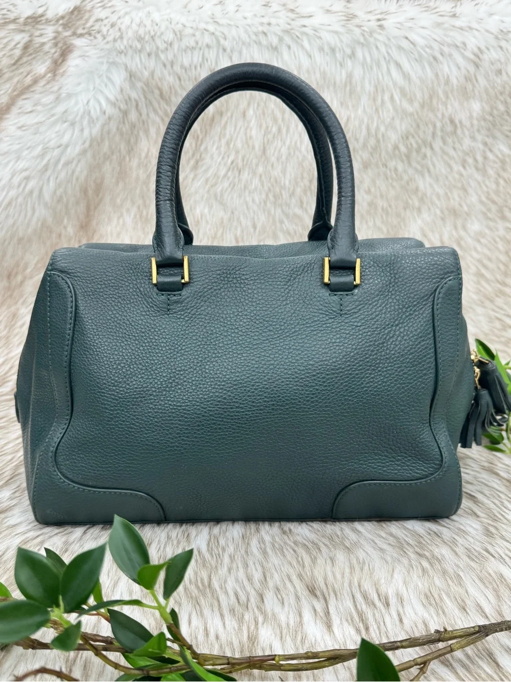 Tory Burch Green Pebbled Leather Satchel with Gold Hardware